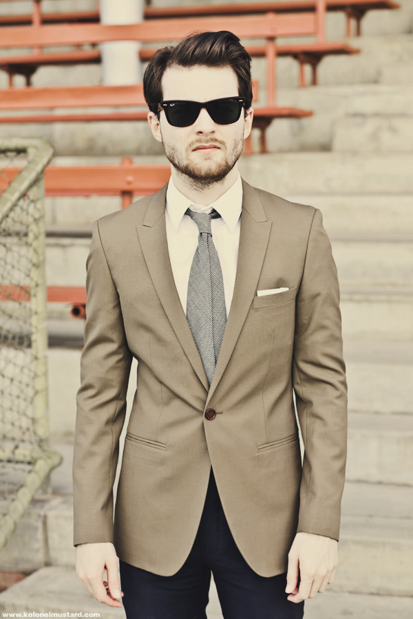 Tan suit outlet jacket blue pants